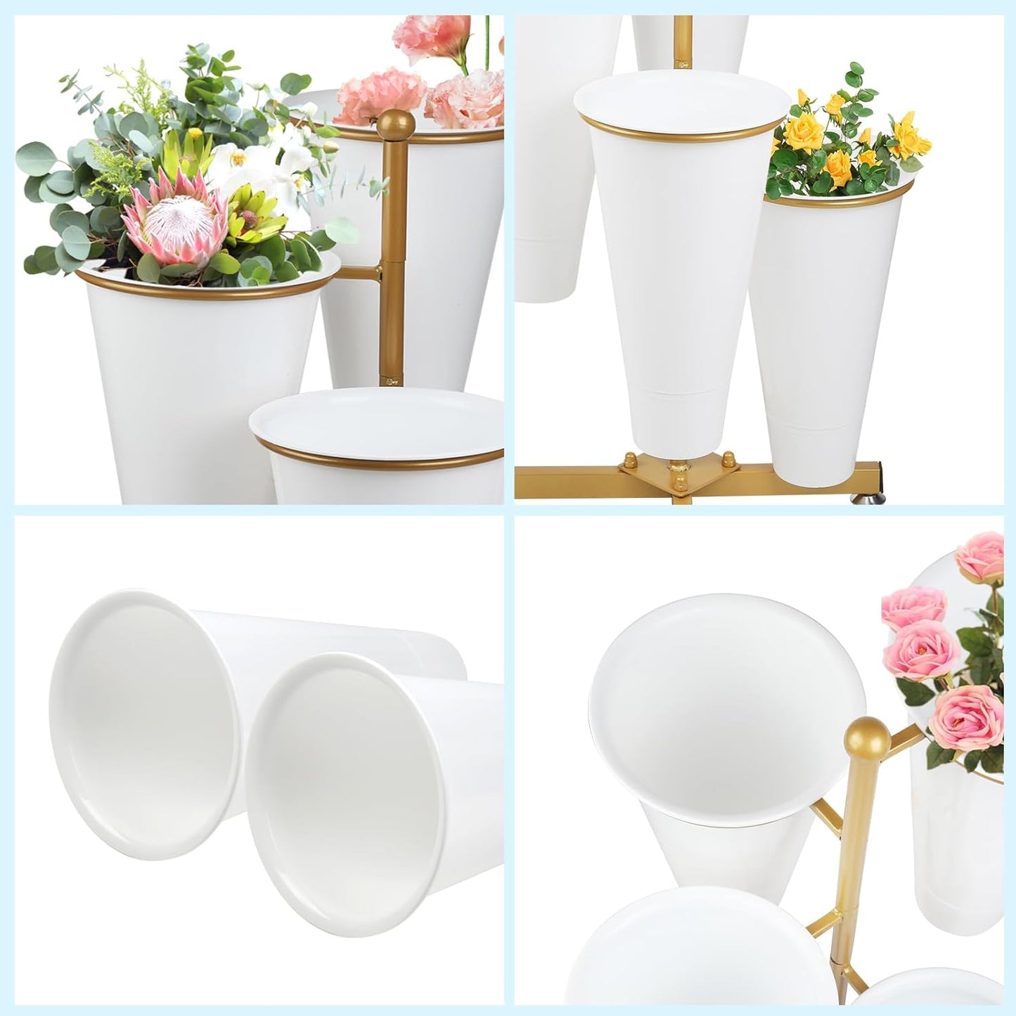 Flower Display Stand with 4 Bucket,Floral Stand with Foldable Frame for Silk Fresh Flowers,4 Tier Florist Shelf Plant Cart for flower shop Garden Living Room,Easy to Install (Gold Shelf+ White Bucket)