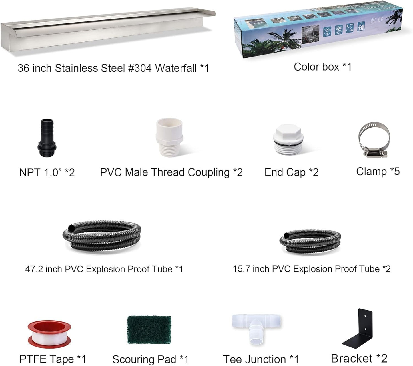 YUDA 24 Inch Water Pool Fountain, 304 Stainless Steel Pool Waterfall with Wider Water Flow Platform, Professional Waterfall Spillway for Sheer Descent Garden Outdoor