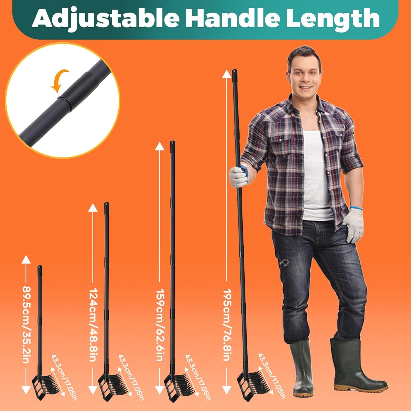 Stirrup Hoe with 76.8" Adjustable Long Handle Hula Hoe Weed Puller Heavy Duty Garden Hoe with 12 Tines Rake 2-in-1 Gardening Tool for Loosening Soil, Gathering Leaves, Weeding