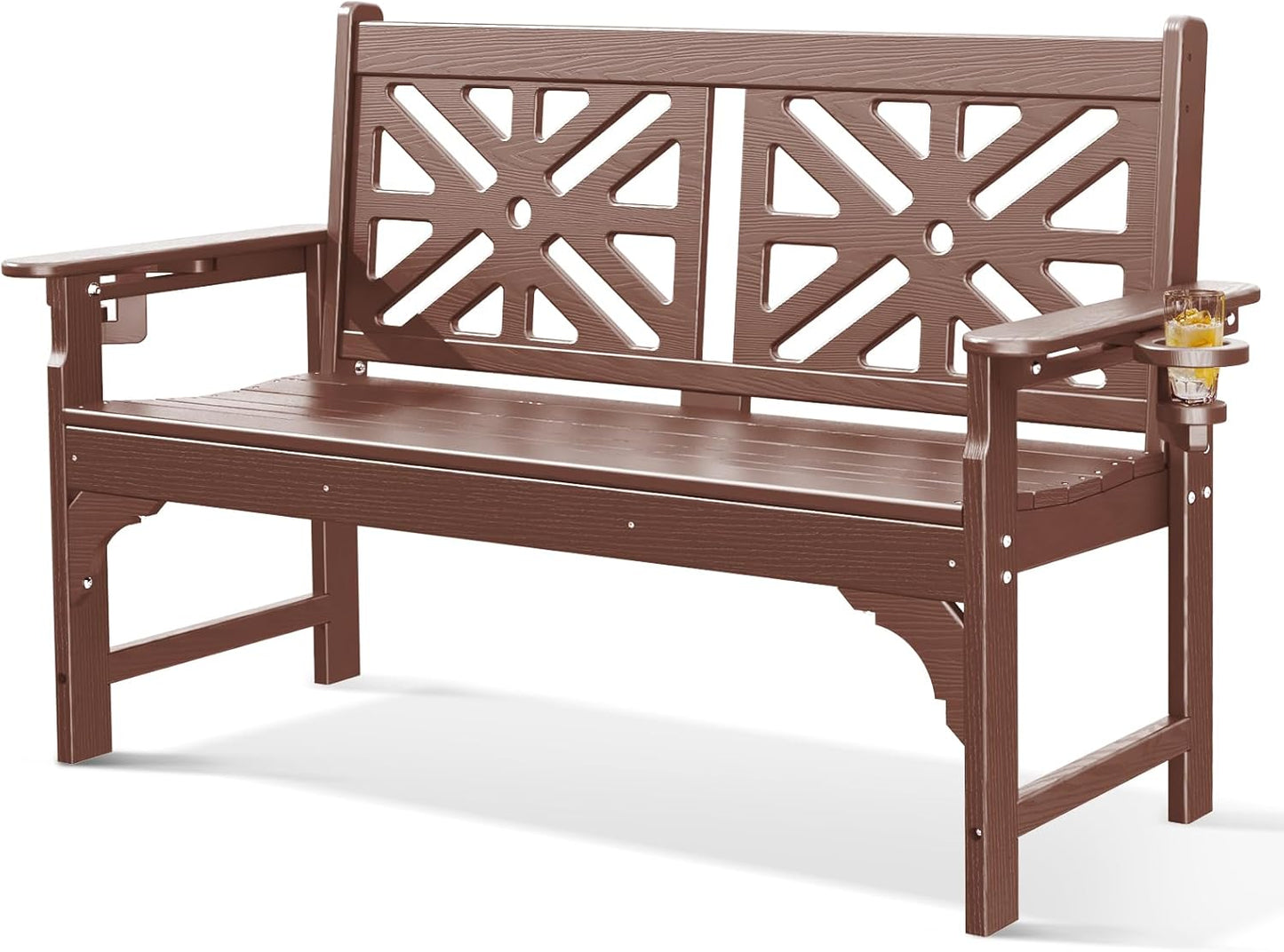 Oversized Outdoor Bench with Cup Holders, 51.5” HDPE Aesthetic Garden Bench for 2 Person, Memorial Benches - Easy Assembly & All Weather, for Porch & Patio, 800lbs Load Capacity (Brown, 1pc)