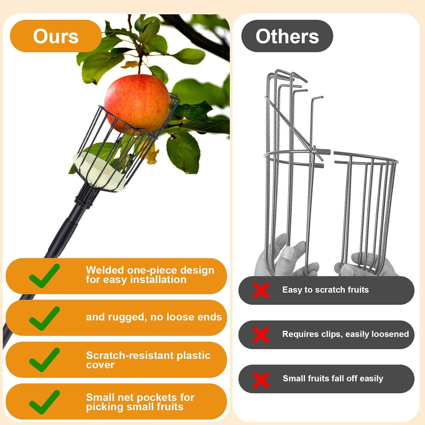 Fruit Picker Pole with Basket, 8.43FT (101 Inch) Adjustable Fruits Picker Tool with Stainless Steel Handle Fruit Grabber Reach Tool for Apple Mango Pear Avocados Fruit Picking, Black