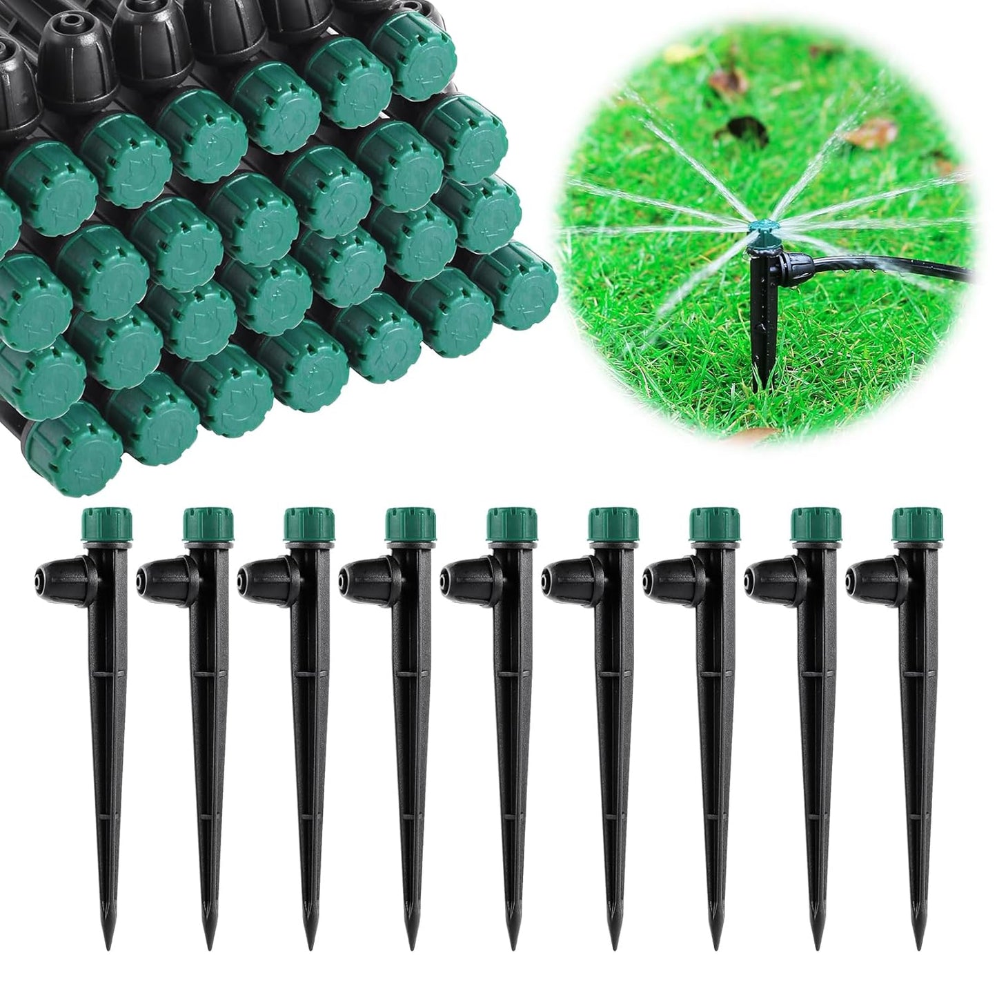 100pc Drip Irrigation Emitters for 1/4" Drip Tubing,5.5" Stake with Adjustable Automatic Irrigation Drippers for (4-7mm) Garden Watering System. (100pcs-360 Degree Drip)