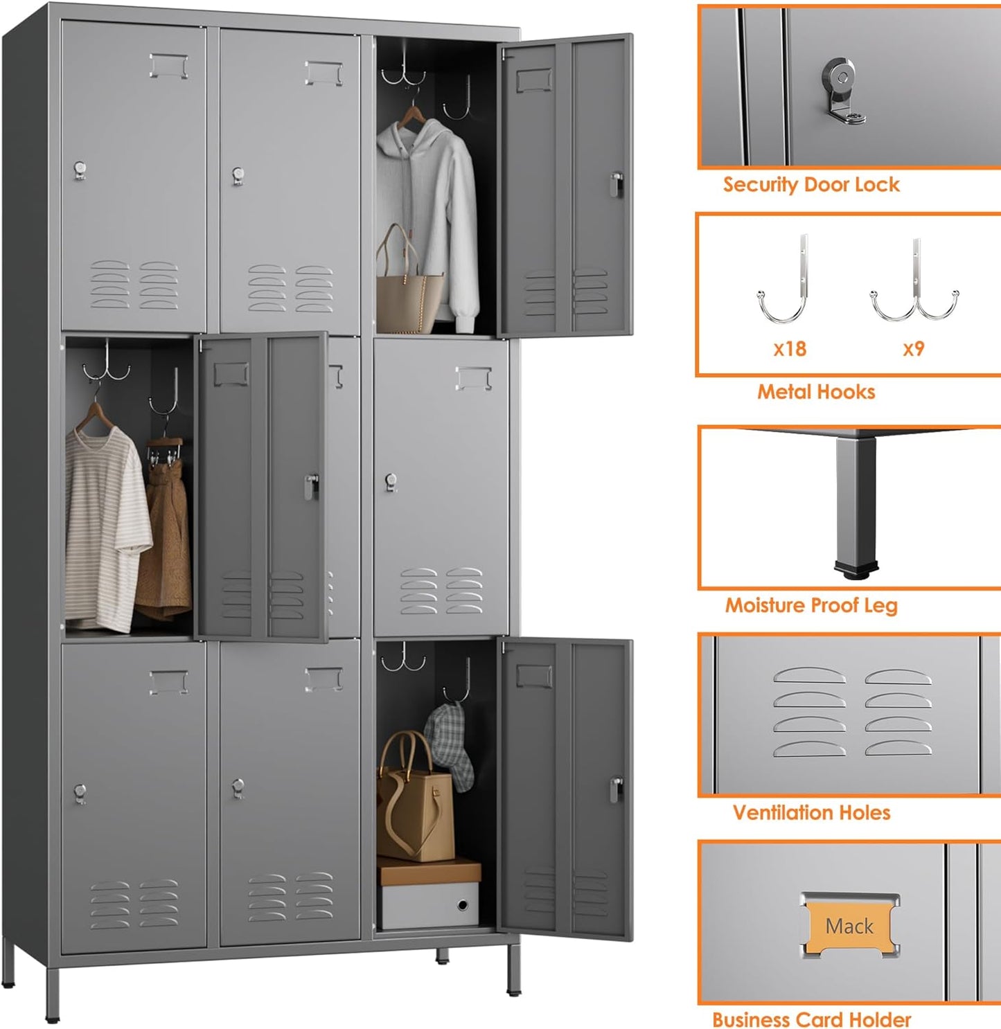 9 Doors Metal Storage Lockers for Employees with 27 Hooks,72" H Employee Lockers with Business Card Holder for Offices School Gyms Home,Assembly Required,Dark Gray