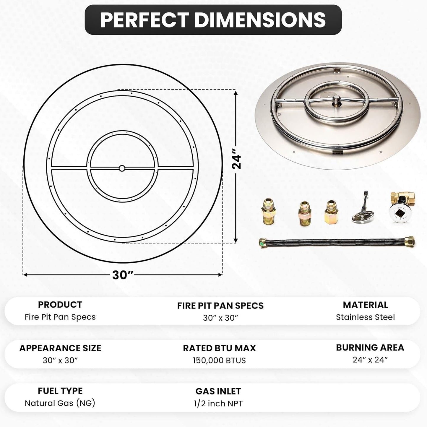 Fire Pit Burner Pan & Ring - Works with Natural Gas - Stainless Steel Fire Pit Burner Kit 30-Inch Pan, 24-Inch Ring - 150,000 BTU Max