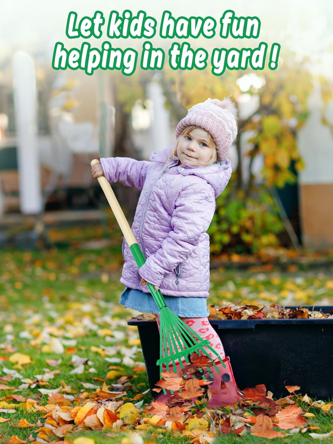 Kids Friendly Rakes for Leaves - 28" Child Size Small Rake with Durable Metal Head & Hardwood Handle, Real Lawn Garden Yard Tools for 3+ Years Kids Enjoy Helping Work Gifts (Green)