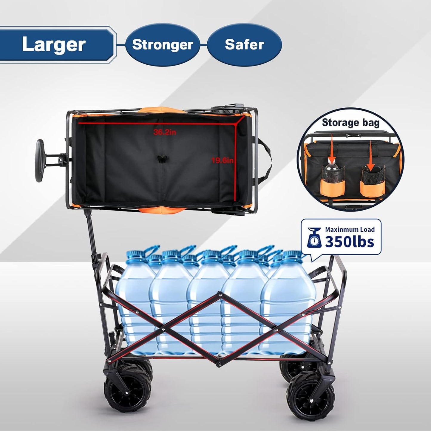 EchoSmile Heavy Duty 350 Lbs Capacity Collapsible Wagon, Outdoor Folding Camping Wagons, Grocery Portable Utility Cart, Adjustable Rolling Carts, All Terrain Sports Wagon with Big Wheels by Boahaus