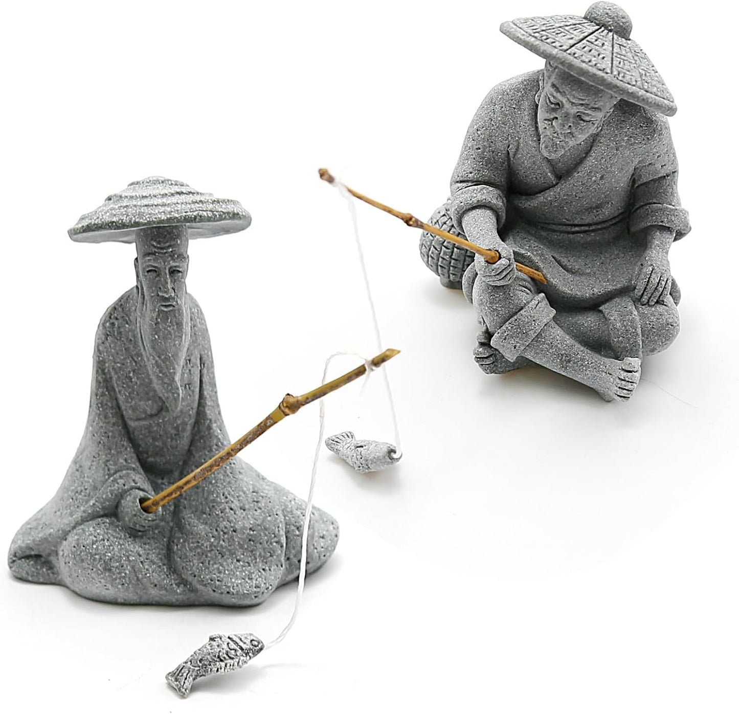 2PCS Sitting Fishing Figurines Sandstone Vintage Ornament Japanese Decor for Fish Tank Pot Garden Home Aquarium Mini Fisherman Statue Asian Zen Decoration
