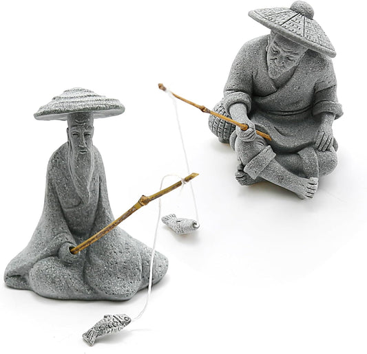 2PCS Sitting Fishing Figurines Sandstone Vintage Ornament Japanese Decor for Fish Tank Pot Garden Home Aquarium Mini Fisherman Statue Asian Zen Decoration