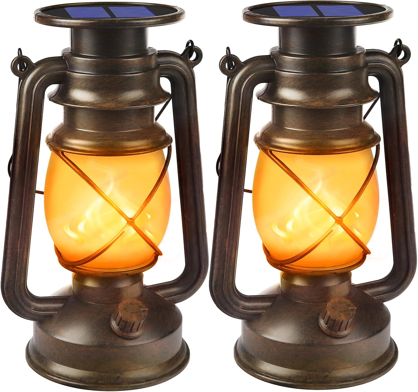 Solar Lanterns Outdoor Waterproof,2 Pack Bronze Vintage Lanterns with Dancing Flame Led Hanging Lights Decor,Lamps for Porch Garden Yard Pathway Camping