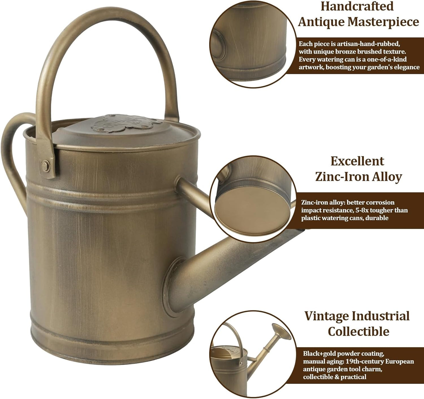 1 Gallon Vintage Bronze Galvanized Metal Watering Can for Indoor/Outdoor Plants,Garden, Balcony for Kids and Adults, Detachable Spout, Retro Rustic Decor (Shadow Patina)