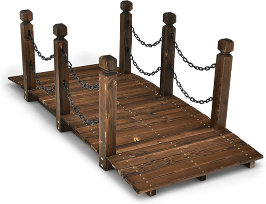 Tangkula 5 FT Wooden Garden Bridge, Arc Footbridge w/Safe Chain Railings, Outside Small Arc Pond Bridge, Decorative Fir Bridge for Landscaping Garden, Pond, Stream, Courtyard, Holds up to 400 LBS