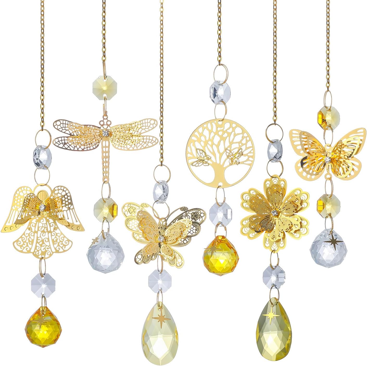 6pcs Yellow Crystal Suncatchers for Window Hanging Ornaments Garden Sun Catchers with Crystals Rainbow Maker Indoor Outdoor Decor