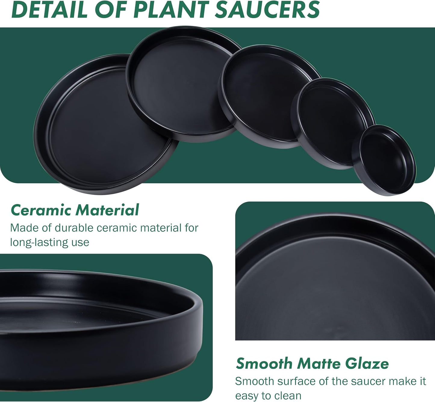 D'vine Dev Modern Round 8.7 Inch Ceramic Plant Pot Saucer, Planter Pot Drainage Tray for Indoor Plants, Matte Black, 97-T-B-4