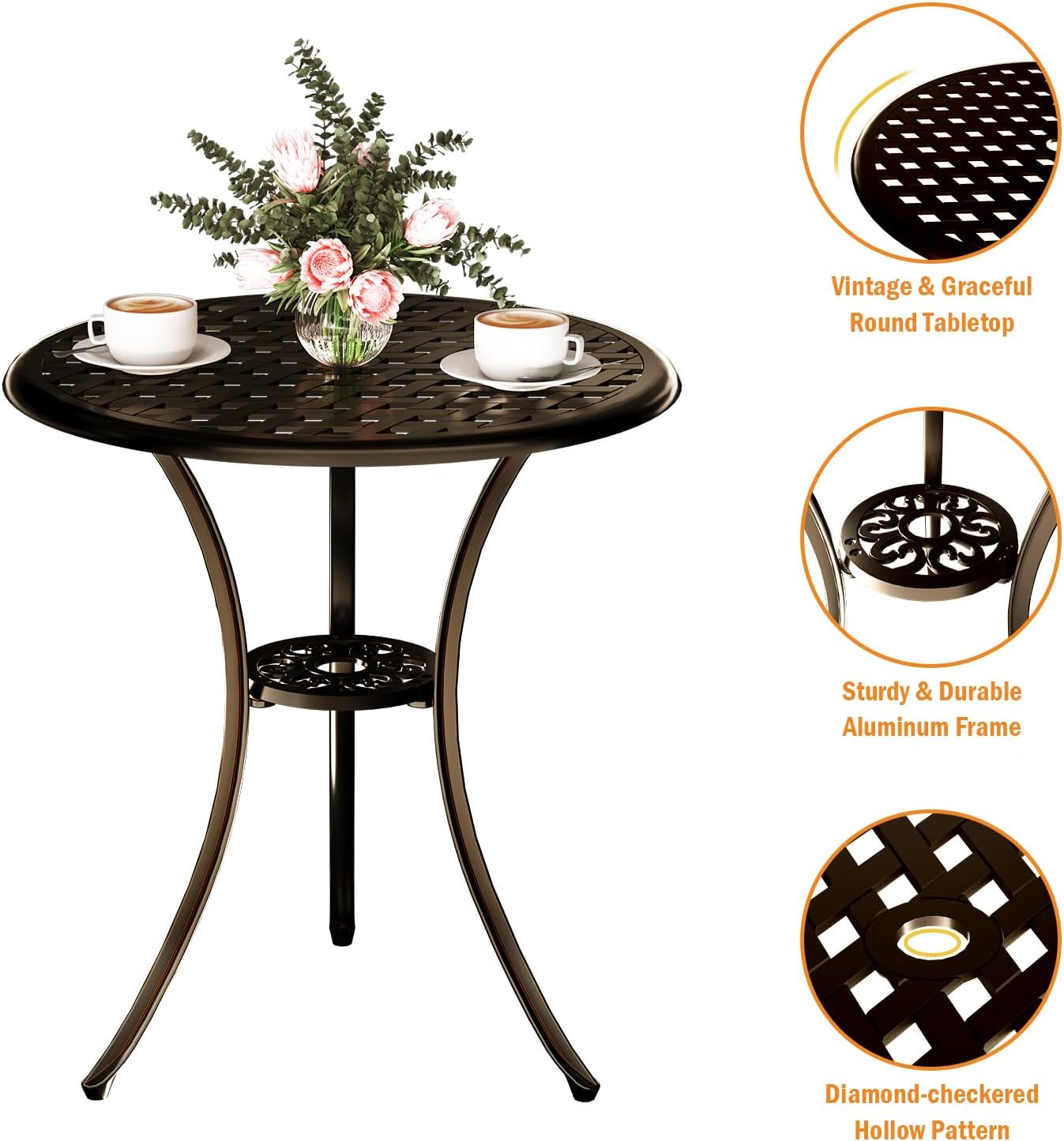 3 Piece Patio Bistro Set, Outdoor Bistro Table and Chairs Set of 2 w/Umbrella Hole, Rust-Resistant Cast Aluminum Bistro Set for Garden/Balcony/Backyard, Bronze