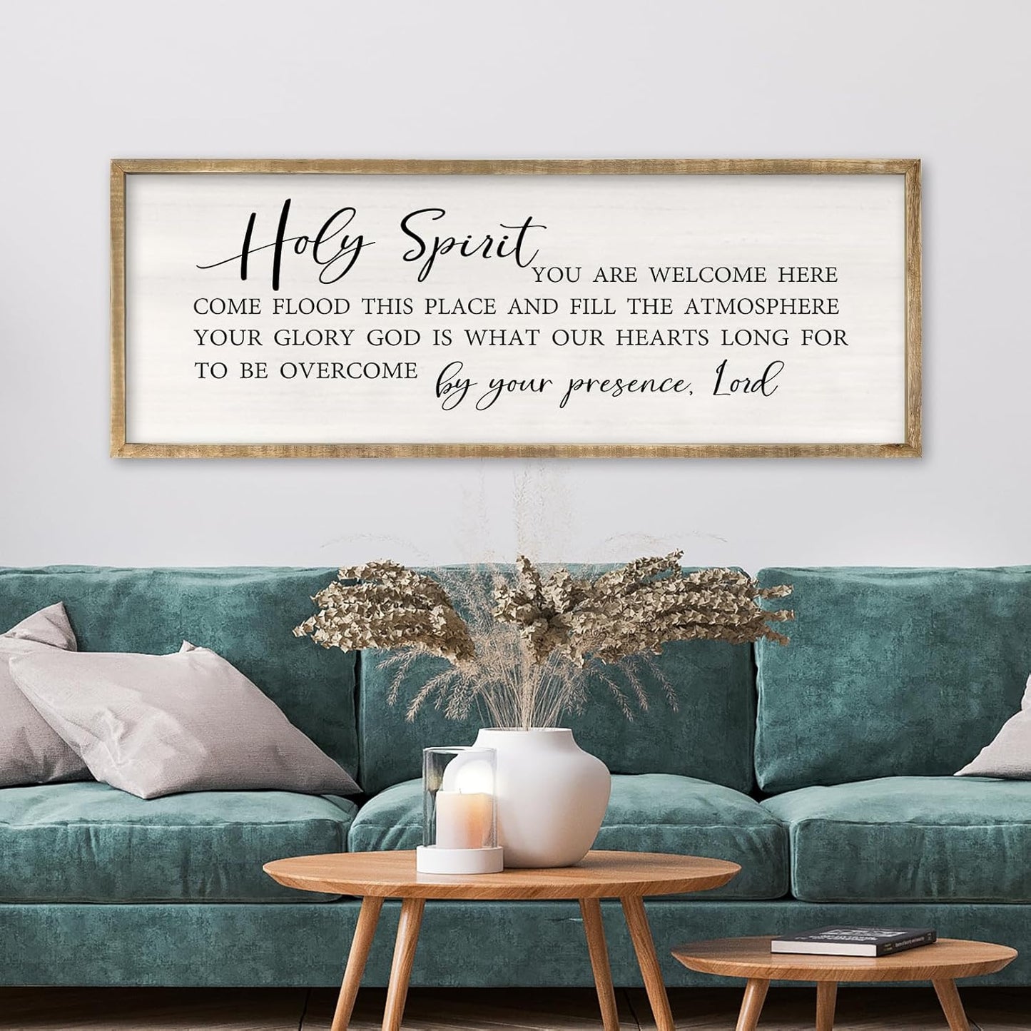 RLWangChao Christian Inspirational Wall Decor Holy Spirit You are Welcome Here Sign 32×12 Inch Bible Verse Plaque Religious Scripture Quote for Living Room Large Wood Framed Wall Hanging (Wood)