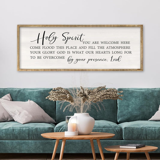 RLWangChao Christian Inspirational Wall Decor Holy Spirit You are Welcome Here Sign 32×12 Inch Bible Verse Plaque Religious Scripture Quote for Living Room Large Wood Framed Wall Hanging (Wood)