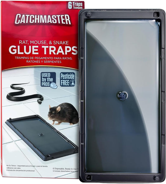 Catchmaster Rat, Snake and Mouse Traps 6Pk, Large Bulk Glue Rat Traps for Home, Adhesive Plastic Tray for Inside House, Snake, Mice, & Spider Catcher, Pest Control for House & Garage