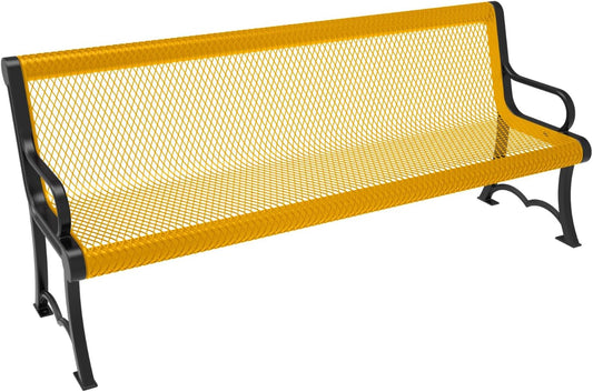 Coated Outdoor Furniture Heavy-Duty Outdoor Bench Thermoplastic Coated, Expanded Metal, Commercial-Grade Garden Bench, Made in America (Portable with Back, 6 Ft, Yellow)