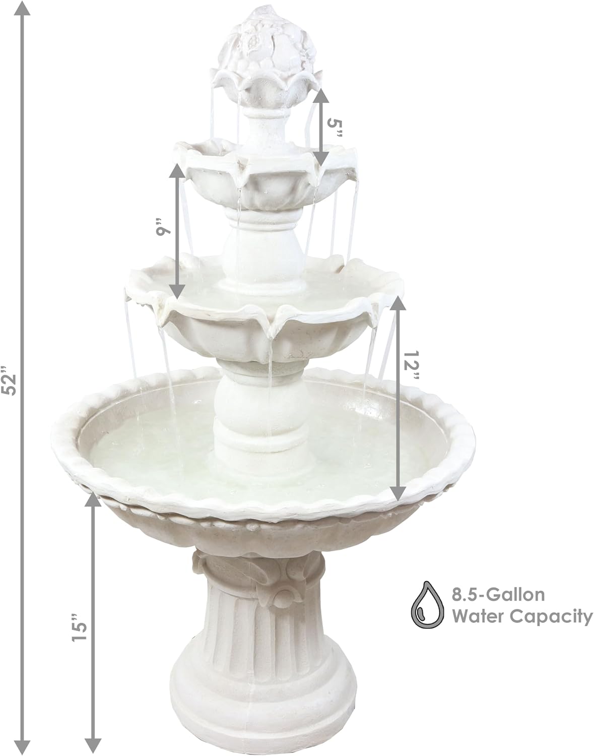 Sunnydaze 52-Inch 3-Tier Outdoor Water Fountain with Fruit Top - Large Outdoor Water Feature for Garden, Patio, Yard or Balcony - White