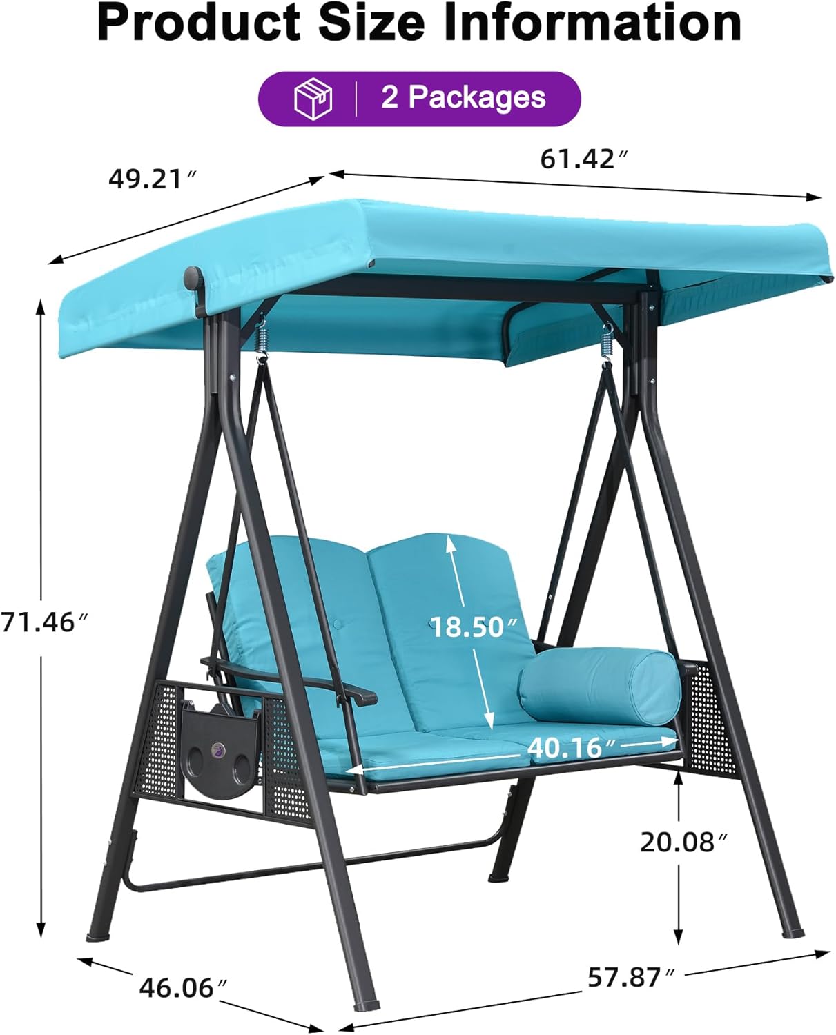 PURPLE LEAF Outdoor Patio Porch Swing with Stand, 2-seat Swing Chair with Adjustable Tilt Canopy All-Weather Steel Frame for Backyard Front Porch Lawn, Cushions and Pillow Included, Turquoise Blue