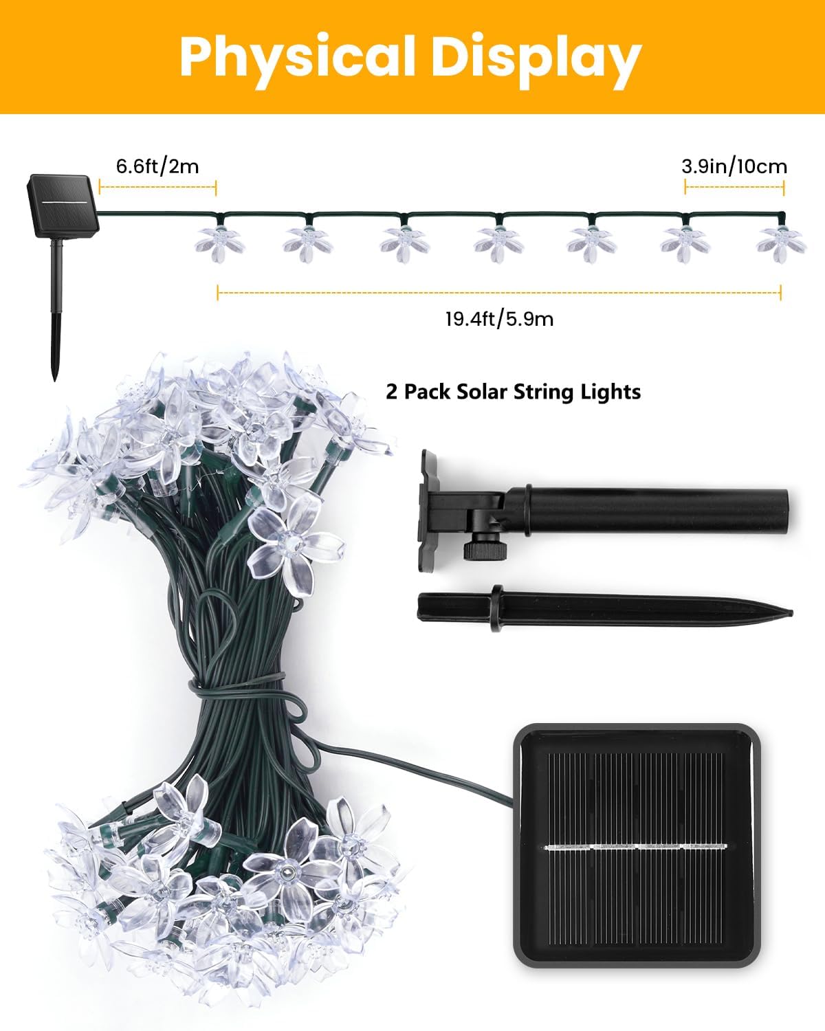 Brightown 2 Pack Total 52FT 120 LED Solar String Lights Flower Outdoor Waterproof Fairy Lights for Garden Yard Fence Patio Christmas Tree Wedding Party Decor, Warm White