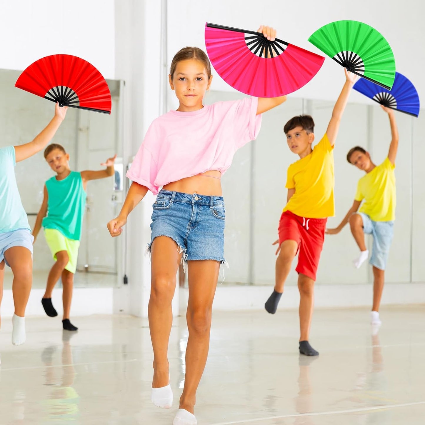 Blulu 4 Pcs 11 Inch Large Folding Hand Fans for Line Dancing Clapping Popping Rave Fans for Kids Women Men for Dancing Boots on The Ground Festival Party Decoration(Classic Style, Chic Color)