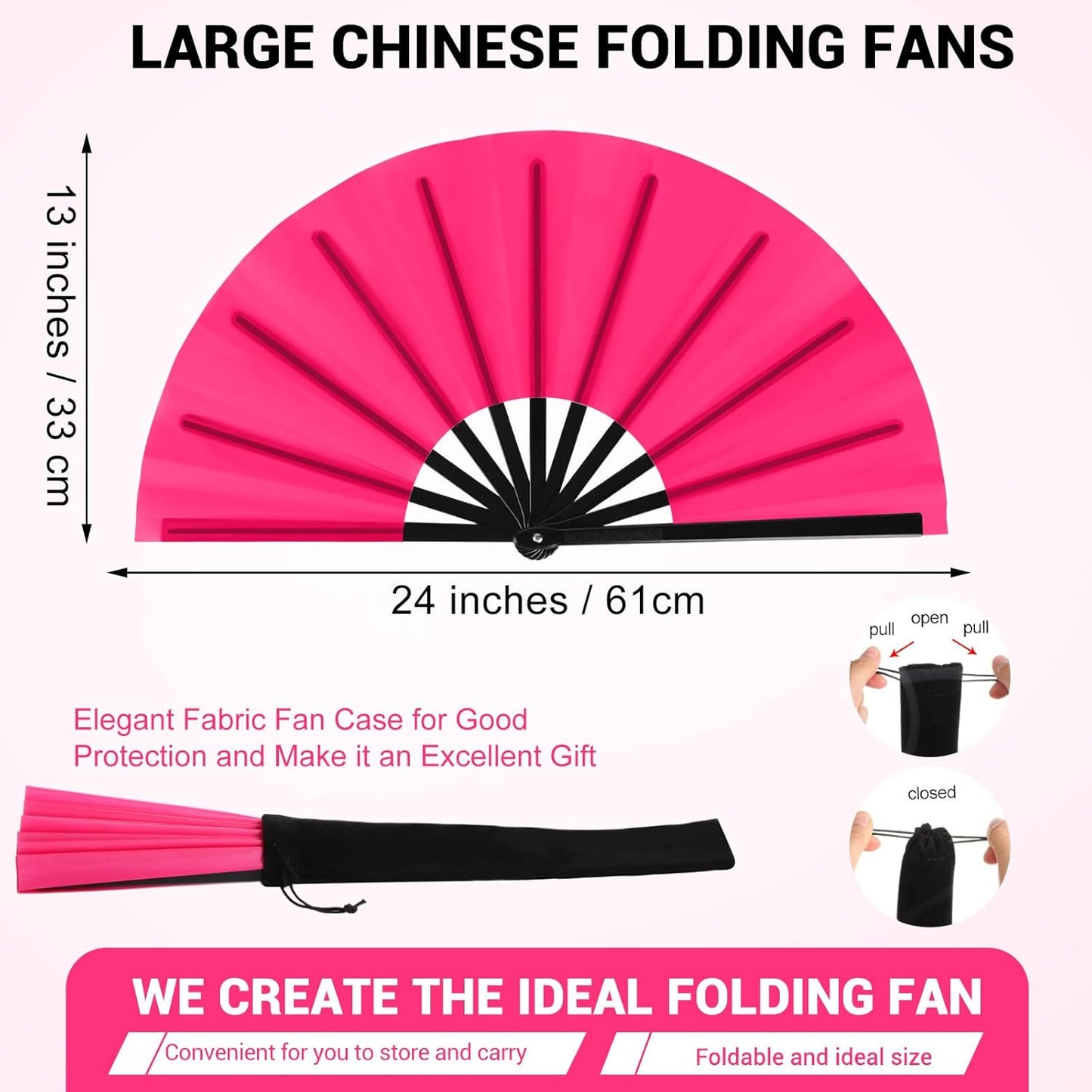 Blulu 4 Pcs 13 Inch Large Folding Hand Fans for Line Dancing Big Clapping Popping Raves Fans Bulk for Dancing Boots on The Ground Festival Party Decoration(Classic Style, Black, Rose Pink)