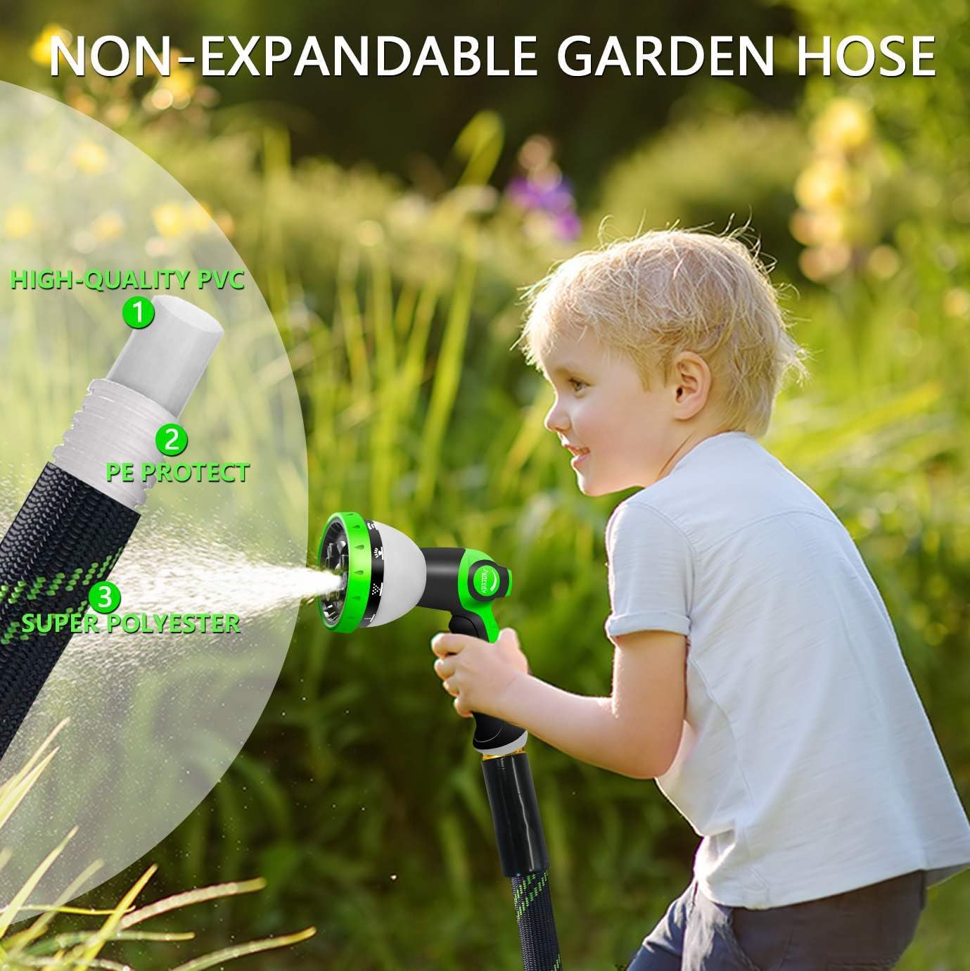 Garden Hose 50 FT, NON-EXPANDABLE Heavy-Duty Flexible & Lightweight Water Hose with 10-Function Nozzle, No-Kink Design, Leak-Proof Super Fabric, Solid Fittings for Lawn, Car, RV, Outdoor