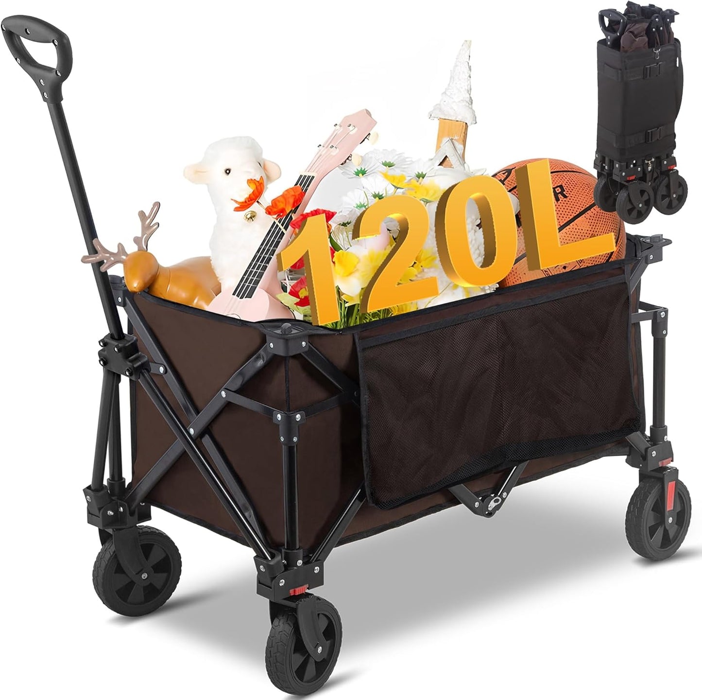 Collapsible Folding Wagon Cart, 220LBS Heavy Duty Foldable Utility Garden Cart with All Terrain Wheels & Side Storage Bag, Portable Sports Wagon for Camping, Shopping, Garden