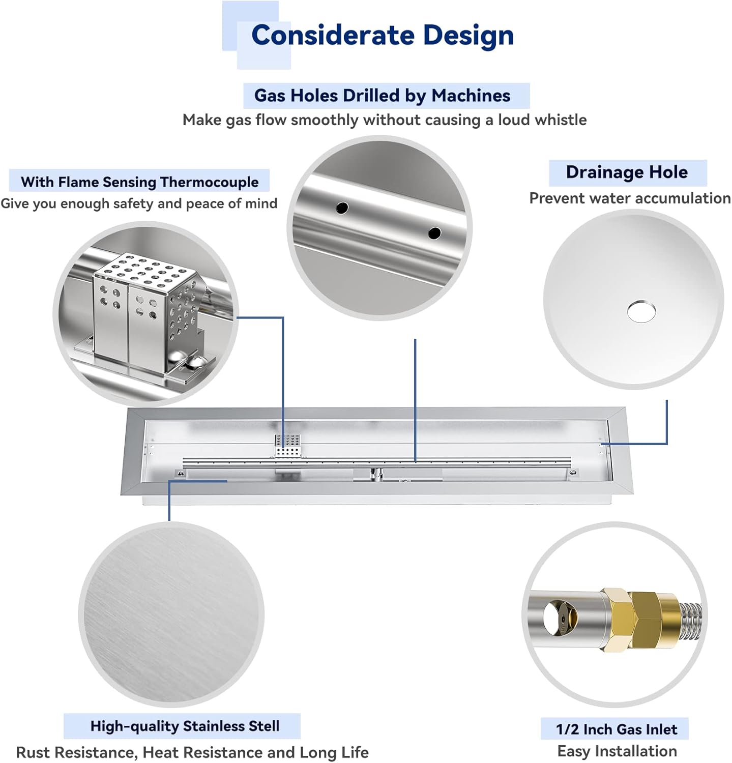 Skyflame 30" Linear Stainless Steel Fire Pit Drop-in Burner Kit with Flame Sensing, Electronic Spark Ignition, CSA Certified, and Propane Regulator Hose Set