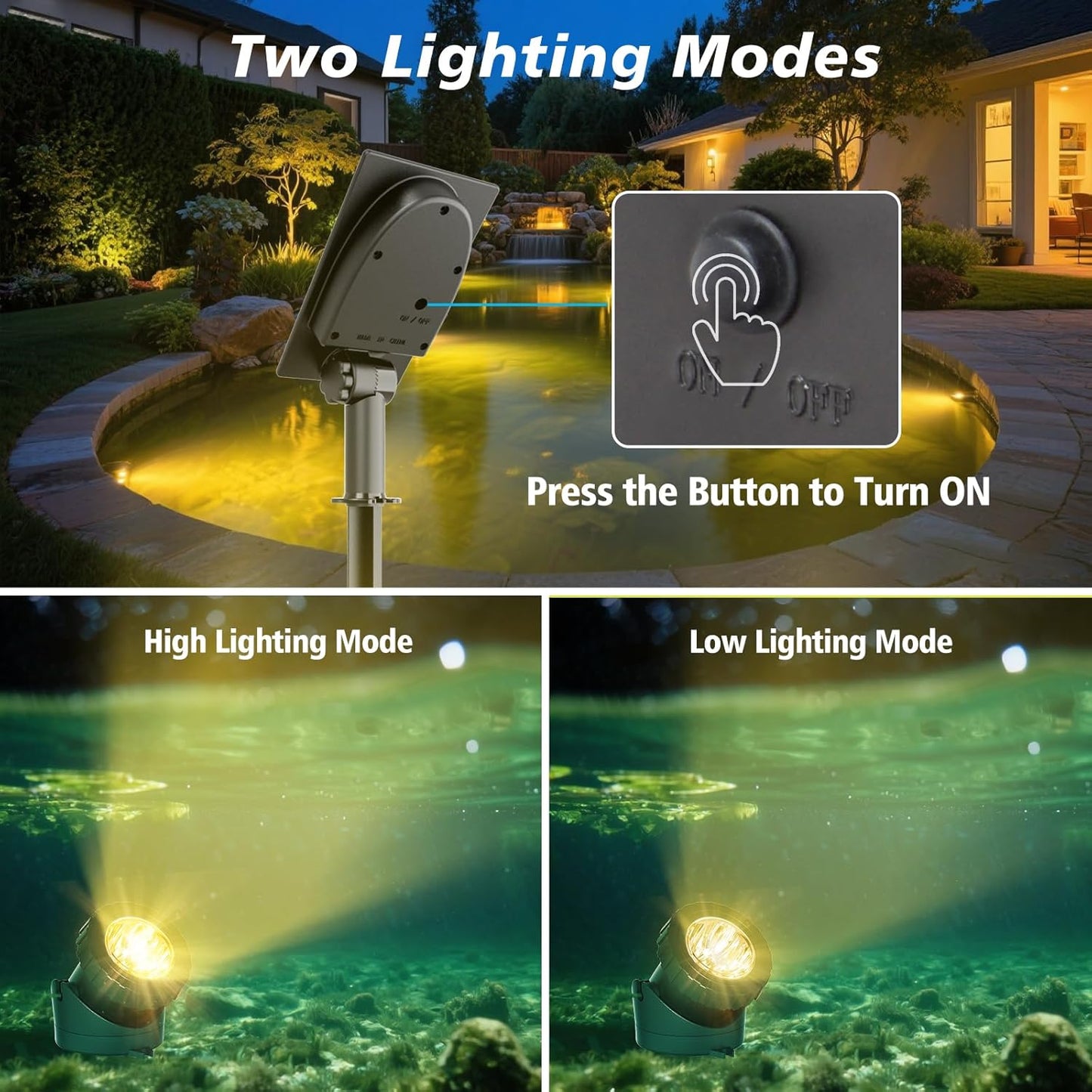 T-SUN Solar Pond Lights, 3-in-1 Warm White LED Submersible Light with 2 Light Modes, IP68 Waterproof Floating Underwater Lights for Outdoor Ponds, Garden Fountain, Decorative Aquascape