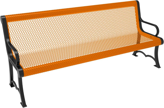 Coated Outdoor Furniture Heavy-Duty Outdoor Bench Thermoplastic Coated, Expanded Metal, Commercial-Grade Garden Bench, Made in America (Portable with Back, 6 Ft, Orange)
