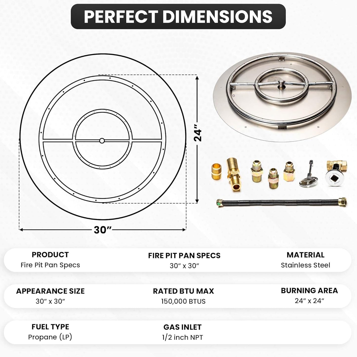 Fire Pit Burner Pan & Ring - Works with Liquid Propane - Stainless Steel Fire Pit Burner Kit 30-Inch Pan, 24-Inch Ring - 150,000 BTU Max
