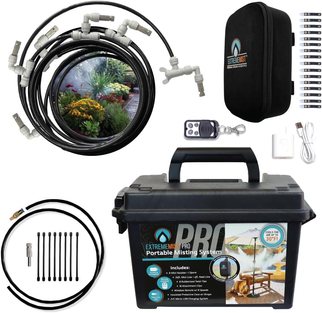 Professional Grade Portable Misting System Pro Kit - 6 Mist Nozzles & Pro Pump | Easy to Setup | 24 ft. Mist Line for Outdoor Canopy, Balconies, Greenhouses, Picnic's - Cools The air up to 30°F