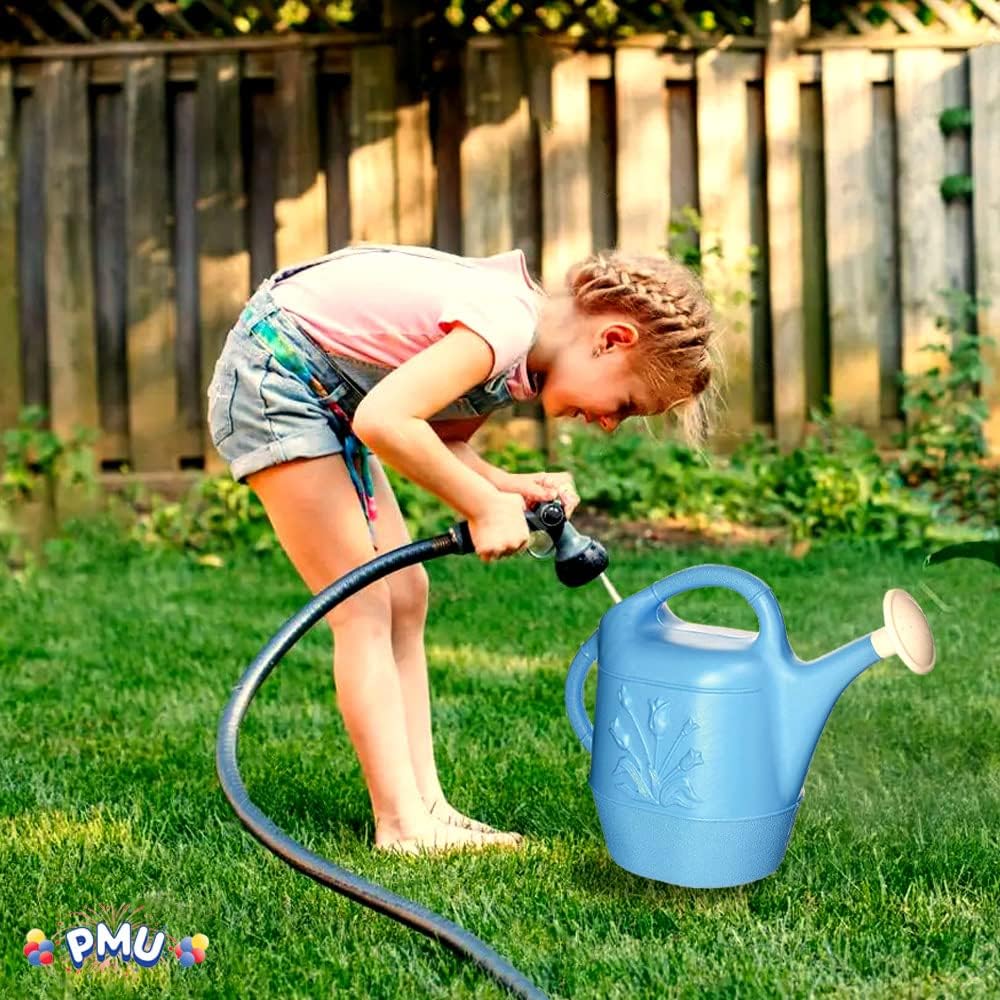 PMU 2 Gallon Watering Can - Garden Watering Can for Indoor & Outdoor Plants - Plastic Water Can with Detachable Sprinkler Head - Large Water Pot, Made in USA - Blue Pkg/3