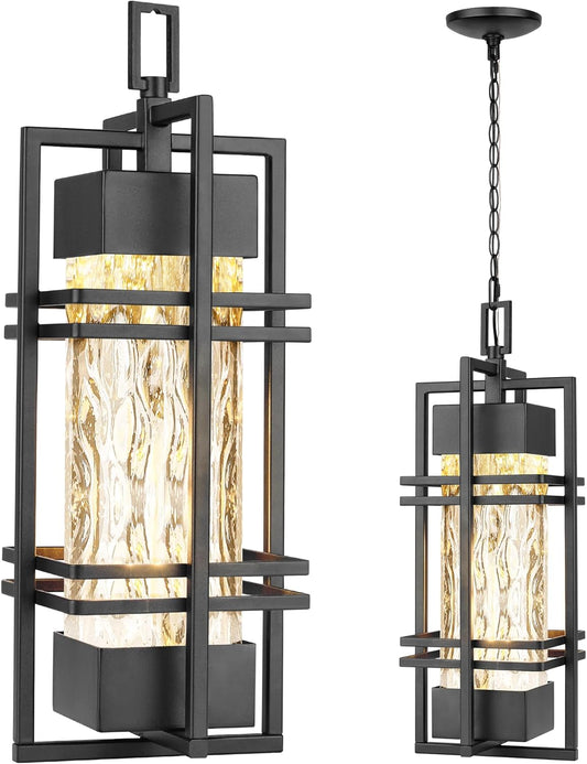 Large Outdoor Pendant Light Fixture, Modern Hanging Lantern Ceiling Mount, Anit-Rust Waterproof Chandelier Lighting Exterior with Stone Bubble Glass for Porch, Garage, Gazebo, Patio