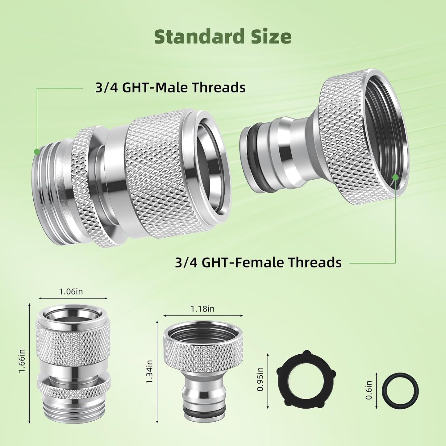 Hibbent Garden Hose Quick Connector, 2 Sets Solid Brass 3/4 Inch GHT Thread Faucet Hose Quick Connect Fitting, Female and Male Adapter