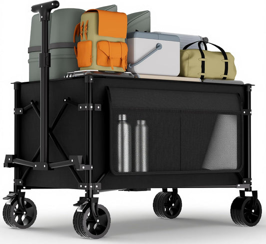 Favoyard Collapsible Wagon Carts Foldable 150L & 360LBS Folding Wagons w/All-Terrain Wheels & Brakes Portable Lightweight Utility Shopping Cart for Beach Grocery Sports Garden Camping Outdoor, Black