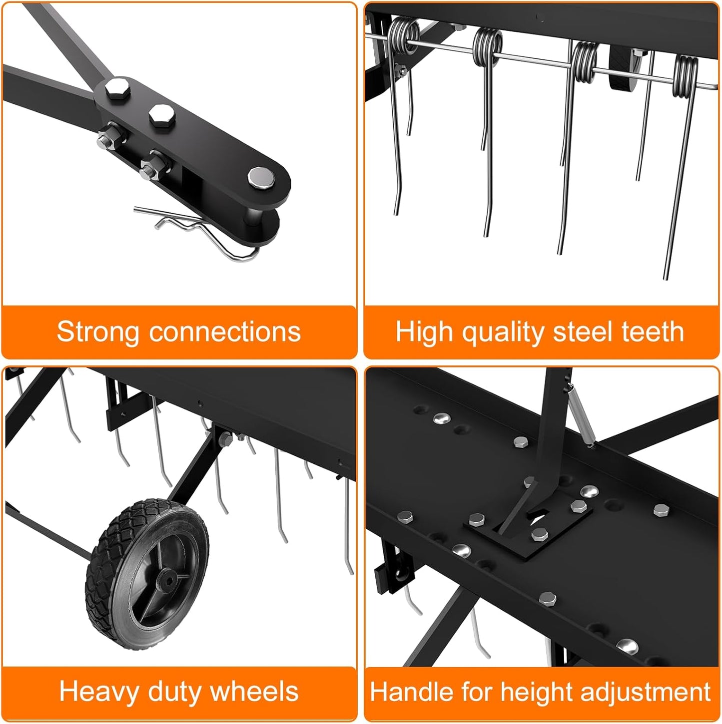 48" Tow Behind Lawn Dethatcher, Pull Behind Rake with 24 Rust-Proof Tines and Heavy Tires, Lawn Tractor Rake with Lift Handle, Black Tow Behind Rakes to Remove Thatch, Leaves from Large Lawn Area