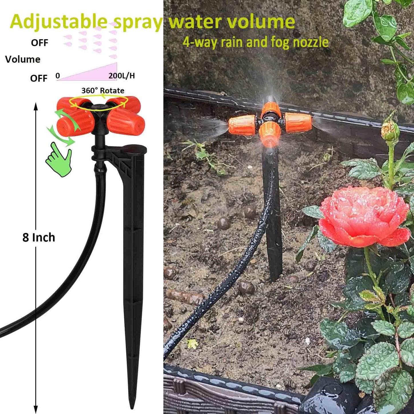 Drip Irrigation Kit Automatic Watering System with Water Timer 64FT 1/4 Tubing and 12 Rain Spray Watering Nozzles in 4 Directions for Potted Plants Yard Lawn Juvenile Plants Greenhouse Mist