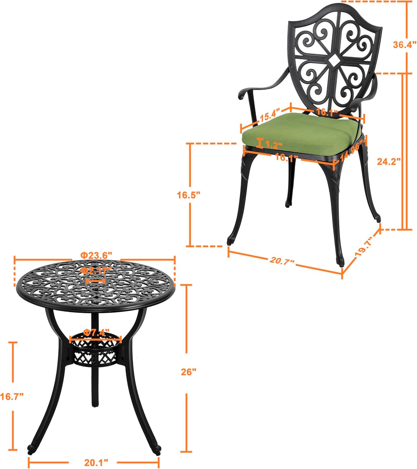 NUU GARDEN Outdoor 3-Piece Bistro Set with Cushions, Round 24 Inch Cast Aluminum Bistro Table with 2.17" Umbrella Hole, 2 Cast Aluminum Bistro Chairs, for Patio, Garden, Backyard and Balcony, Black