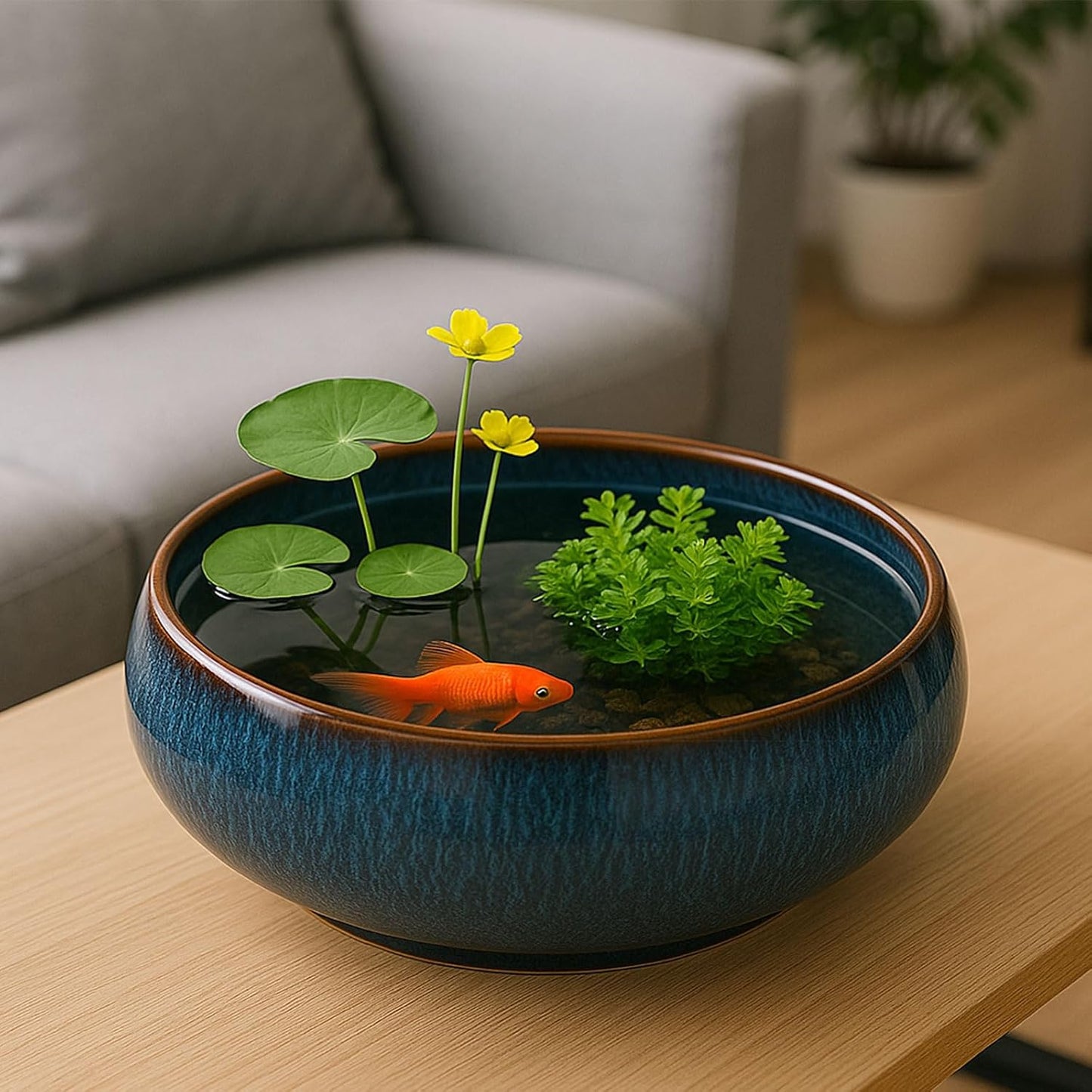 Oncpcare Lotus Bowl Planter – Ceramic Water Plant Pot Sacred Bonsai Bowl Lotus Flower, Shallow Glazed Vase for Lotus Seeds, Bonsai, Succulents, Hydroponic Plants (Blue)