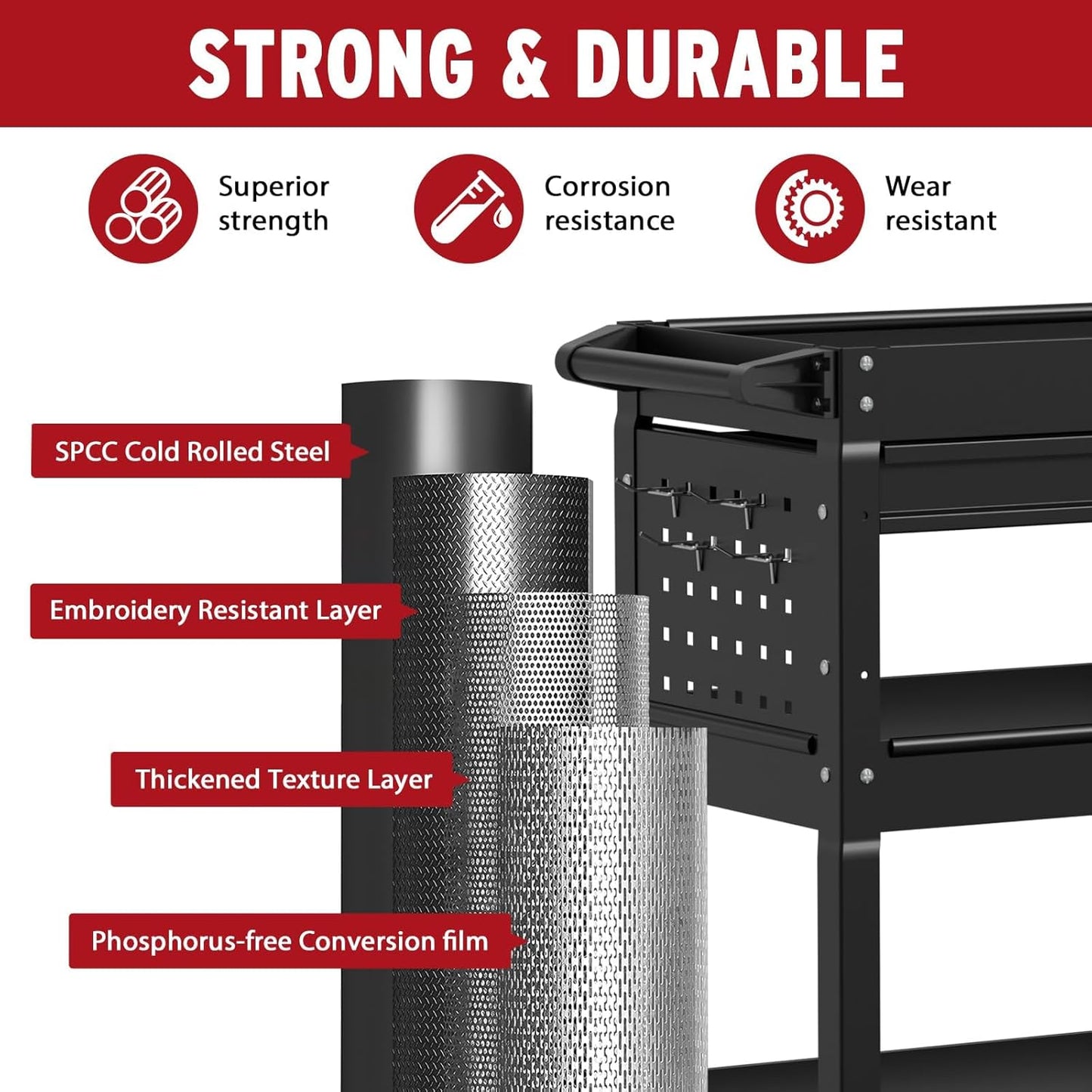 3 Tier Rolling Tool Cart, Heavy Duty Tool Cart on Wheels, Metal Utility Cart with Locked Drawers, Ideal for Garage, Warehouse and Repair Shop (Black)