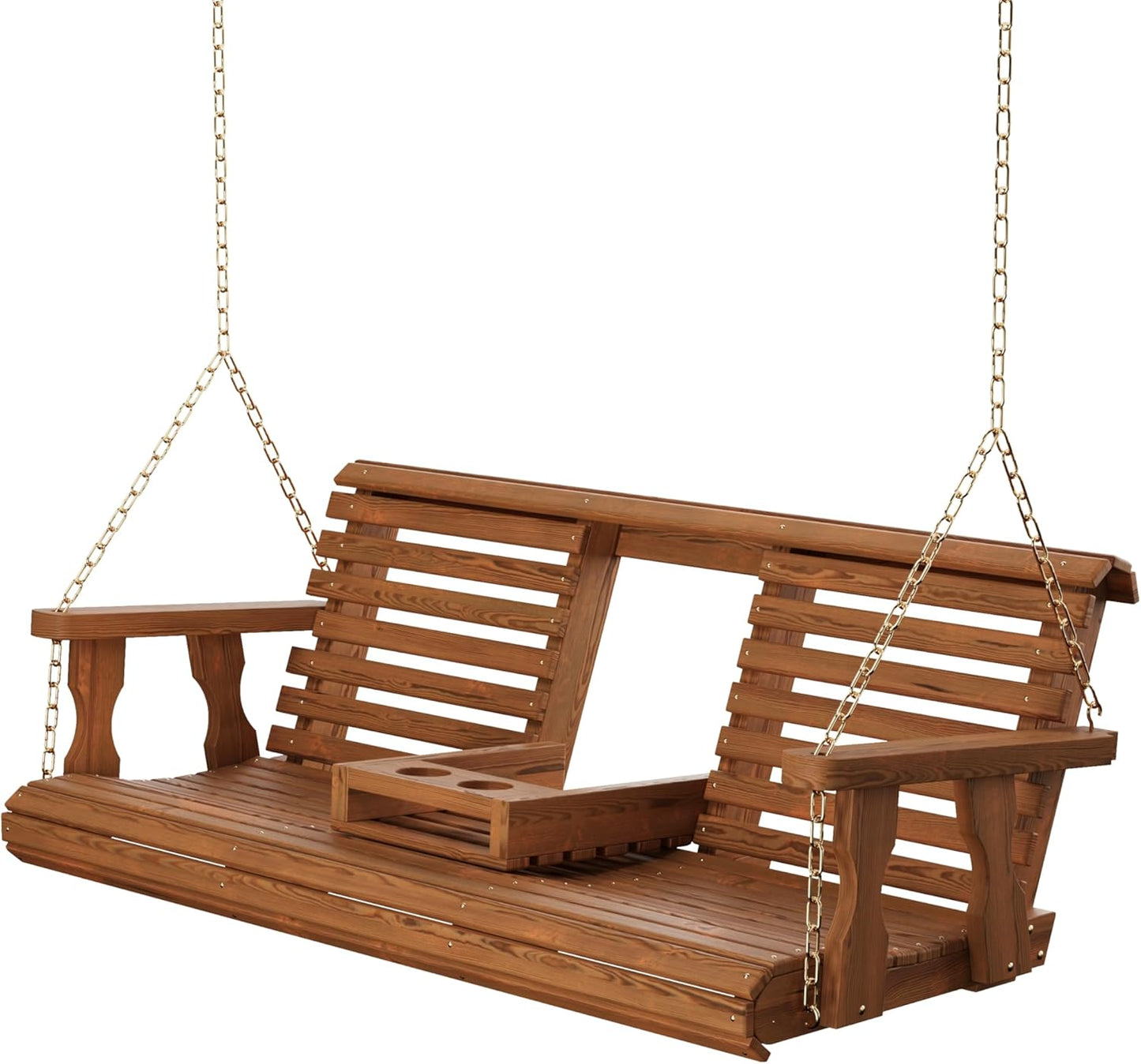 Porchgate Amish Heavy Duty Console Porch Swing with Fold Down Cup Holders in Oak Stain - Amish Made in The USA from Treated Pine, Hanging Chains Included