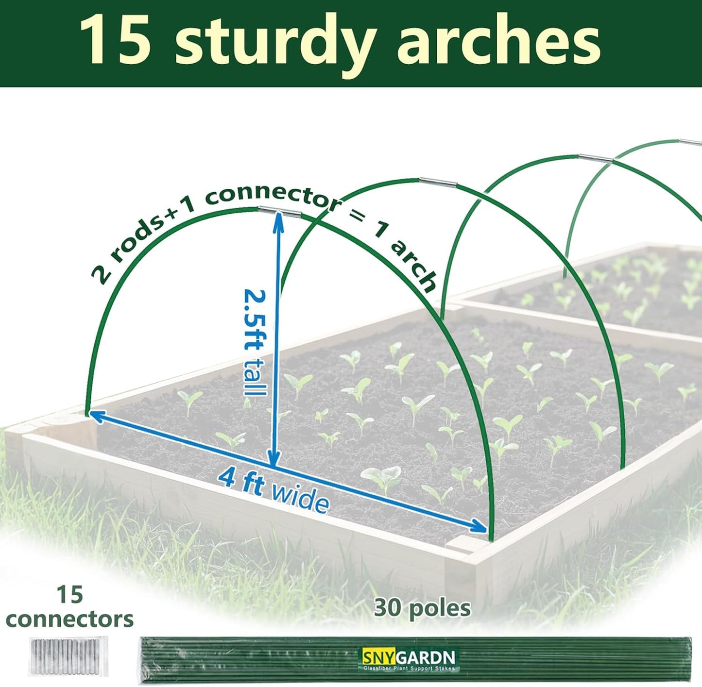 Garden Greenhouse Hoops Kit 15 Sets -2-Section Design, 8ft Grow Tunnels Poles Plant Raised Beds, 30 Pcs 4ft Solid Fiberglass Support Stakes 15 Metal Connectors -Quick Assembly No Loose Parts (Green)