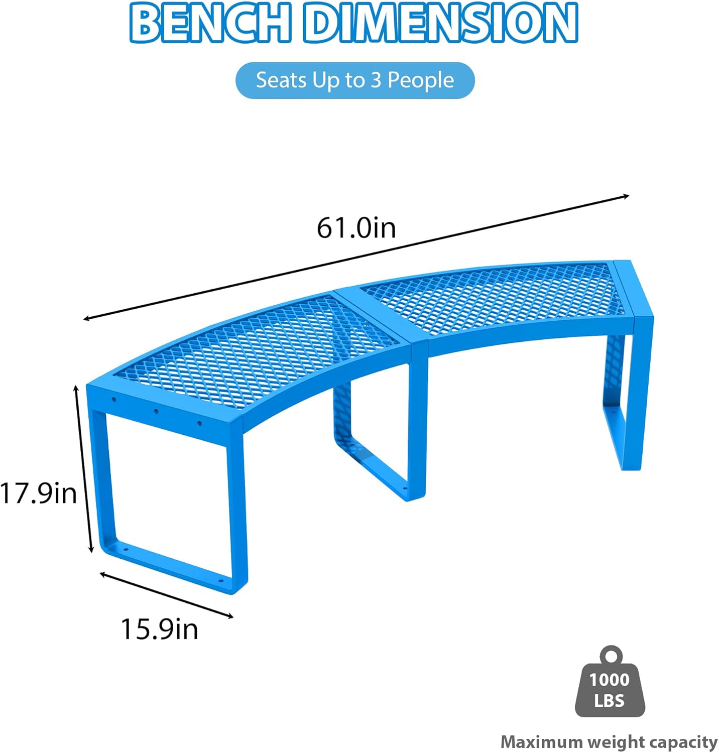 Outdoor Curved Bench, Heavy Duty Metal Park Bench for Outside, Backless Loveseat, Thermoplastic-Coated, Weatherproof Commercial-Grade 2-Person Seating for Park, Patio, Garden, Deck, Beach，Blue