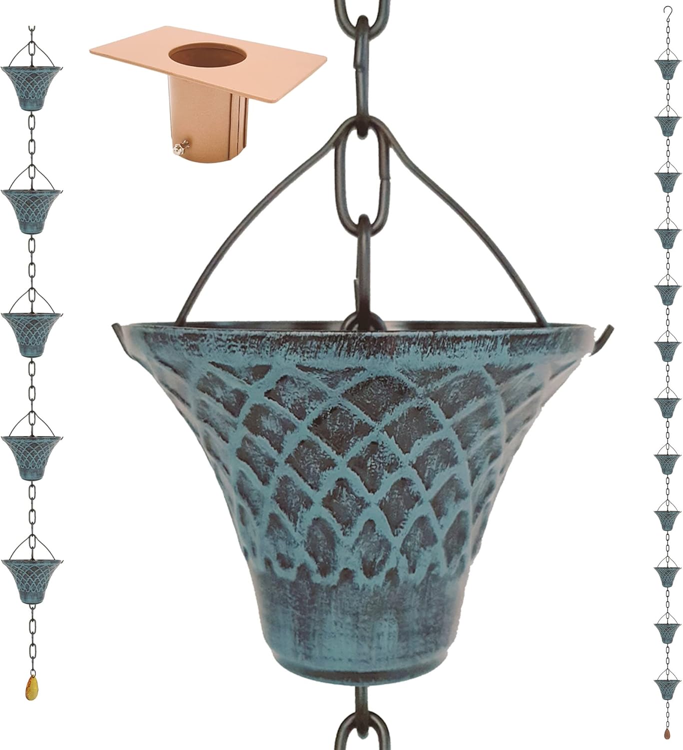 8.5FT Bell Iron Rain Chains for Gutter and Rain Barrel, Rust-Resistant Plated Garden Décor for Downspout, Bonus Rain Chain Gutter Adapter (Antique-Blue)