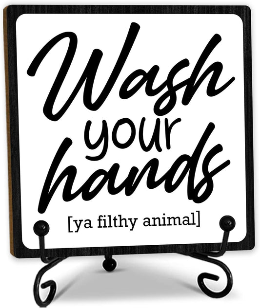 5" Wooden Plaque, Wash Your Hands, Bathroom Toilet Decor With 1 Metal Support, Shelf Decoration, Rustic Farmhouse Home Guest Room Accessories -B14