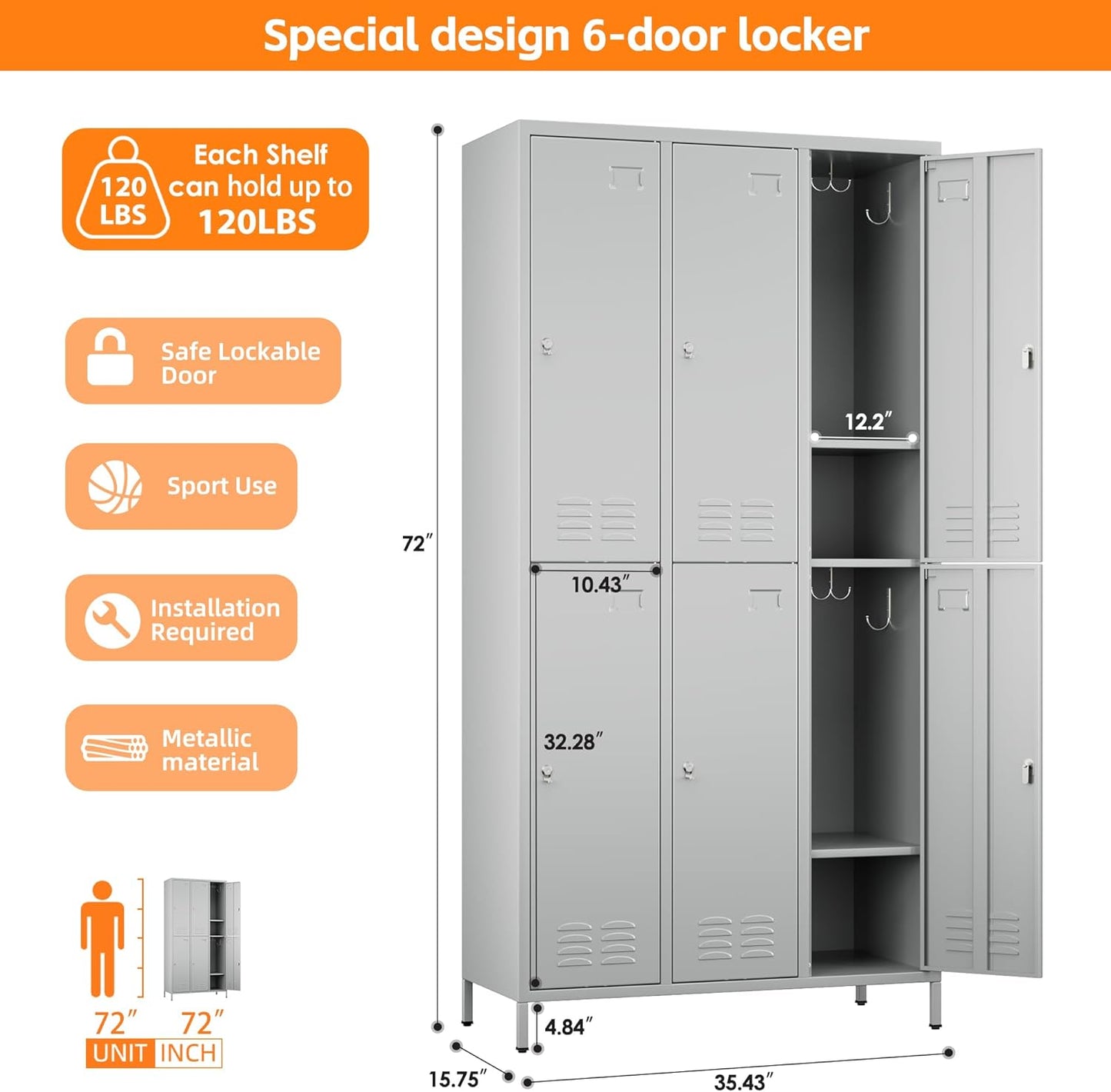 METAN Metal Locker for School Office Gym Bedroom,6 Doors Steel Storage Lockers Cabinet for Employees,Industrial Storage with 1 Shelf,Assembly Required,Light Gray