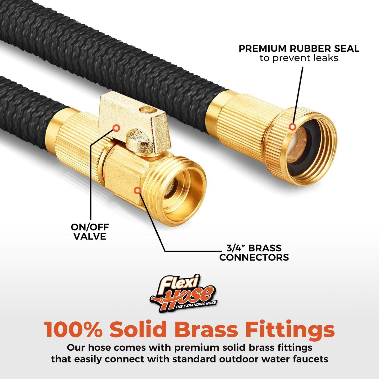 Flexi Hose Lightweight Expandable Garden Hose, No-Kink Flexibility, 3/4 Inch Solid Brass Fittings and Double Latex Core (100 FT, Black)